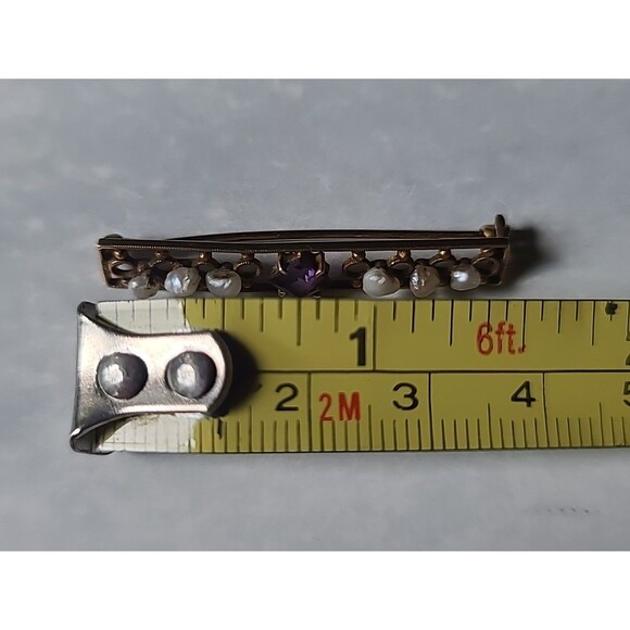 Antique 14K Yellow Gold Amethyst & Natural Pearl Bar Brooch - Picture 8 of 10